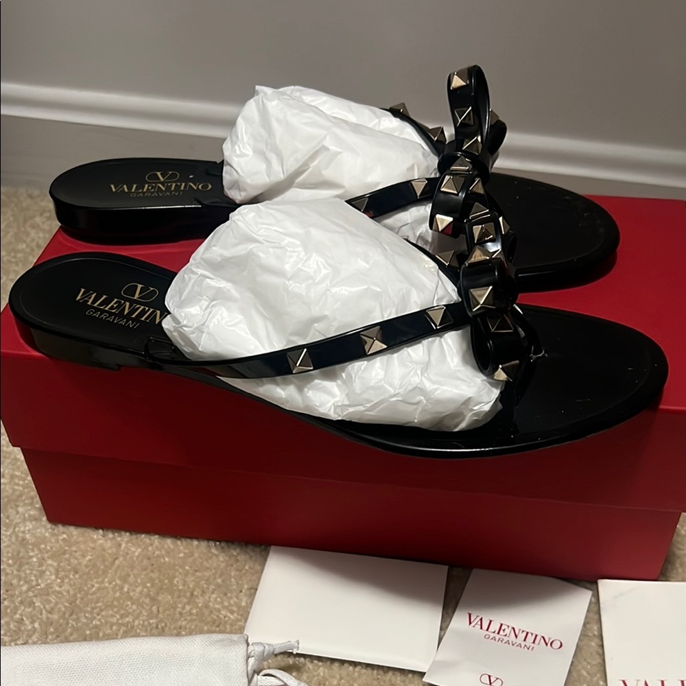 Valentino Black Patent Leather Sandals with Chain Detail